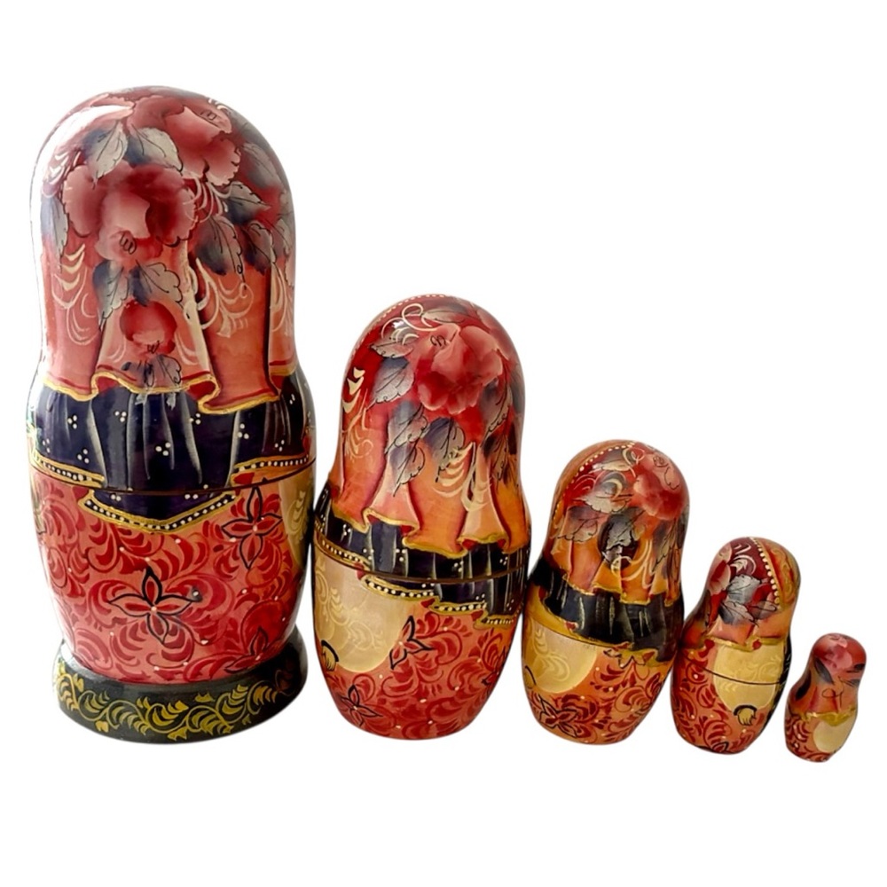 VINTAGE Russian Signed Matryoshka Fairytale 5 Wooden Hand Painted Nesting Dolls - Picture 3 of 7